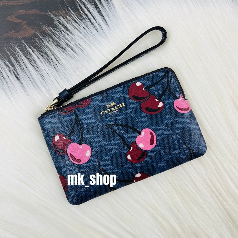 COACH Signature Corner Zip Wristlet Cherry Print